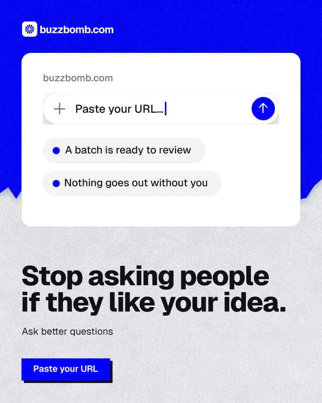 Instagram portrait post for BuzzBomb: "Stop asking people if they like your idea." Paper trio style, bottom layout, light palette in white, blue.