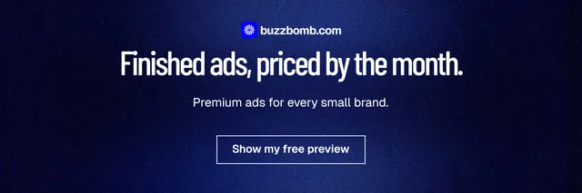 X header for BuzzBomb: "Finished ads, priced by the month." Dark deco style, centred layout, dark palette in blue, black.