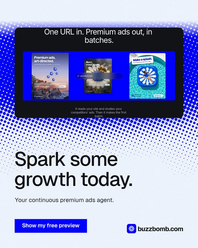 Instagram portrait post for BuzzBomb: "Spark some growth today." Swiss style, bottom layout, light palette in blue, white.