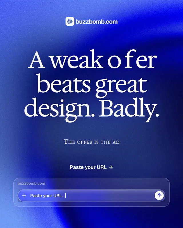 Instagram portrait post for BuzzBomb: "A weak offer beats great design. Badly." Swiss style, smallcaps layout, dark palette in blue.