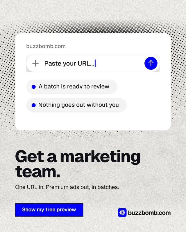 Instagram portrait post for BuzzBomb: "Get a marketing team." Ink sticker style, bottom layout, light palette in white, grey.