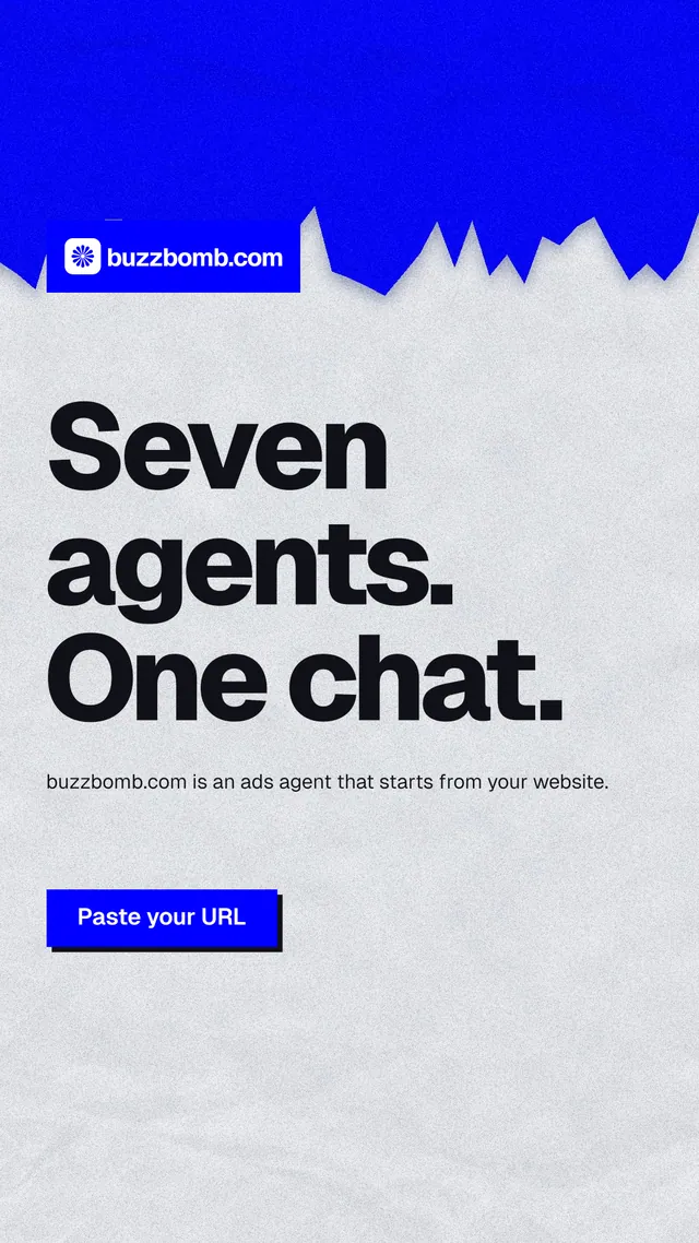 Instagram story for BuzzBomb: "Seven agents. One chat." Paper trio style, announce layout, light palette in blue, white, grey.