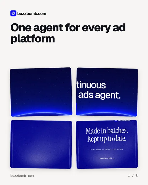 Carousel for BuzzBomb: "One agent for every ad platform". Collection carousel, 8 slides, light palette.