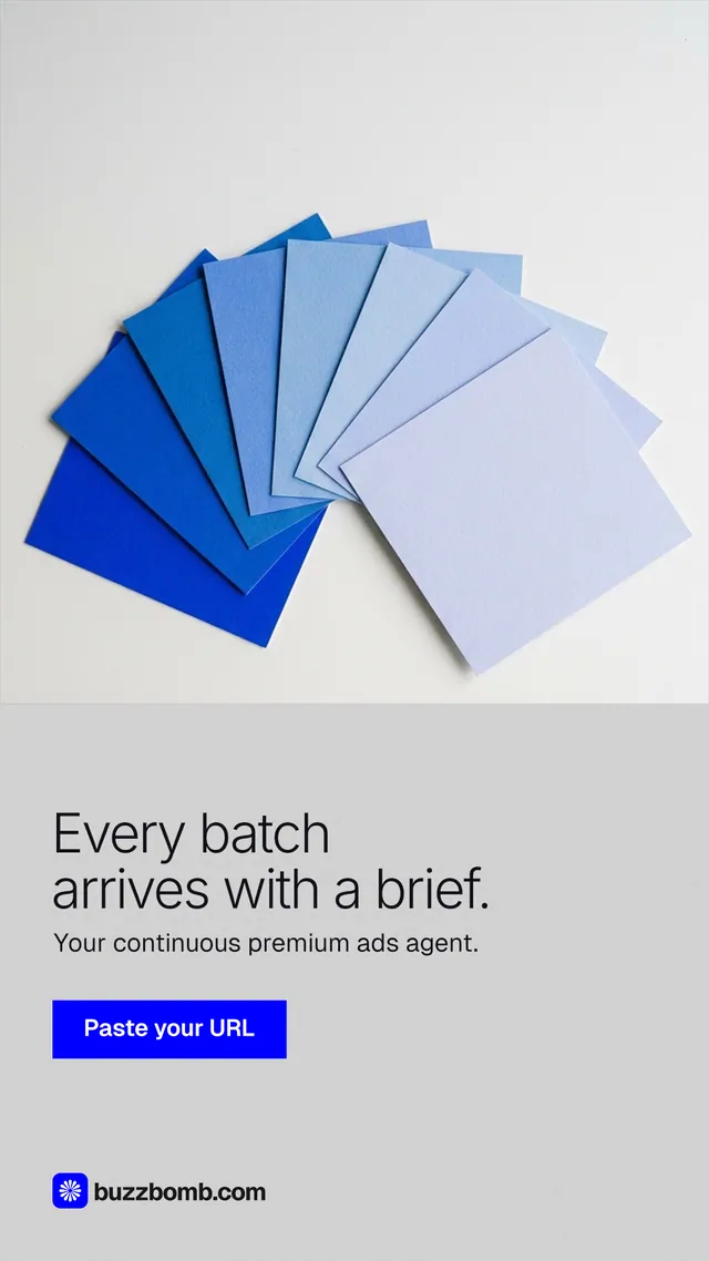 Instagram story for BuzzBomb: "Every batch arrives with a brief." Swiss style, bottom layout, light palette in white, blue.