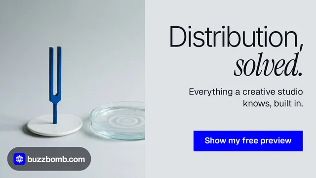 Landscape graphic for BuzzBomb: "Distribution, solved." Swiss style, right layout, light palette in white, grey, blue.