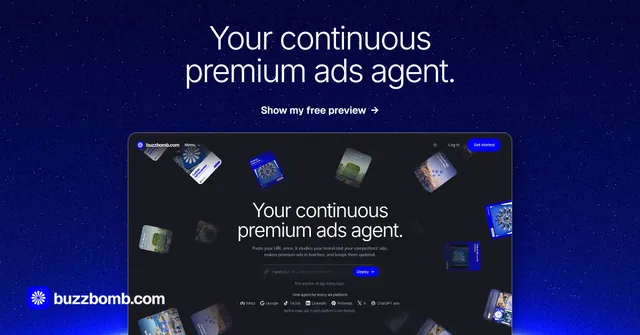 Social ad for BuzzBomb: "Your continuous premium ads agent." Swiss style, ogui layout, dark palette in blue.