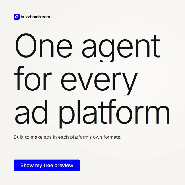 Video for BuzzBomb: "One agent for every ad platform". Doc motion loop, 7.0 s, light palette.