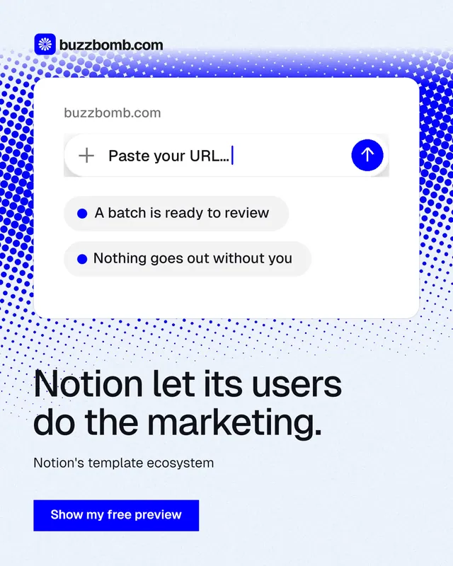 Instagram portrait post for BuzzBomb: "Notion let its users do the marketing." Swiss style, bottom layout, light palette in white, blue.