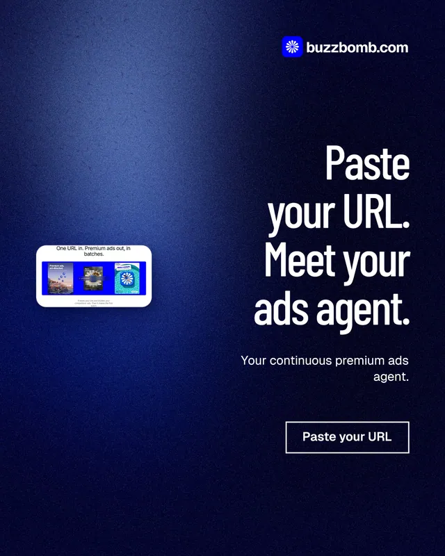 Instagram portrait post for BuzzBomb: "Paste your URL. Meet your ads agent." Dark deco style, right layout, dark palette in blue, black.