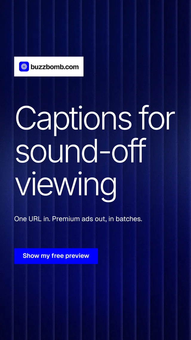 Instagram story for BuzzBomb: "Captions for sound-off viewing". Swiss style, announce layout, dark palette in blue.