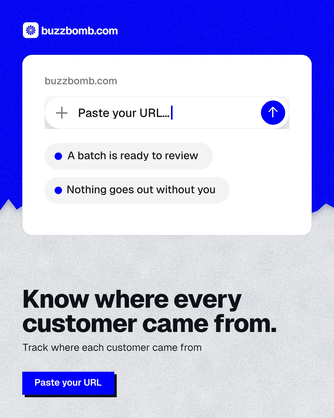 Instagram portrait post for BuzzBomb: "Know where every customer came from." Paper trio style, bottom layout, light palette in white, blue.