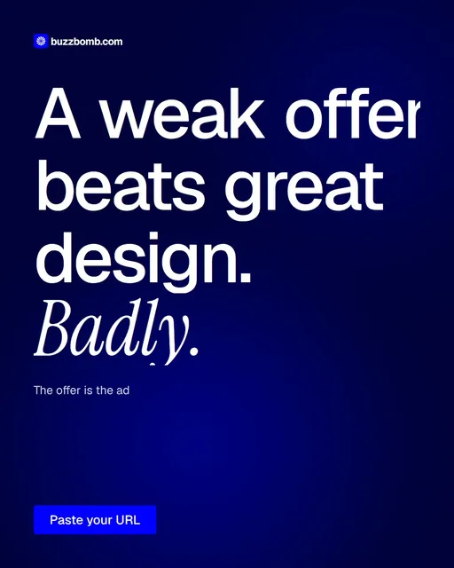 Video for BuzzBomb: "A weak offer beats great design. Badly.". Doc motion loop, 7.0 s, dark palette.