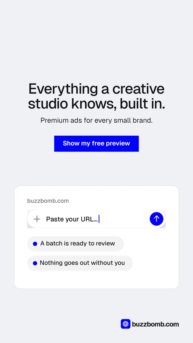 Instagram story for BuzzBomb: "Everything a creative studio knows, built in." Swiss style, centred layout, light palette in white, blue.
