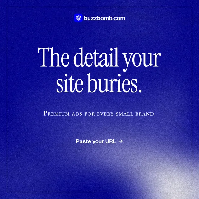 Instagram post for BuzzBomb: "The detail your site buries." Editorial style, smallcaps layout, dark palette in blue.