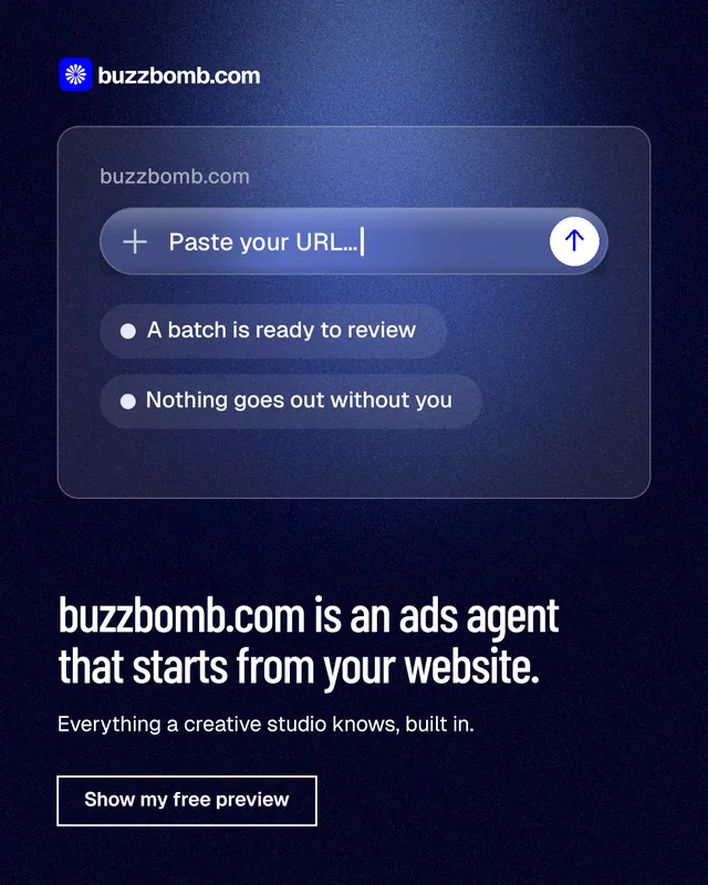 Instagram portrait post for BuzzBomb: "buzzbomb.com is an ads agent that starts from your website." Dark deco style, bottom layout, dark palette in blue, black.