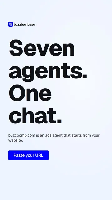 Video for BuzzBomb: "Seven agents. One chat.". Doc motion loop, 8.0 s, light palette.