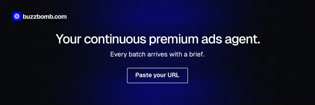 X header for BuzzBomb: "Your continuous premium ads agent." Phosphor atlas style, centred layout, dark palette in black, blue.