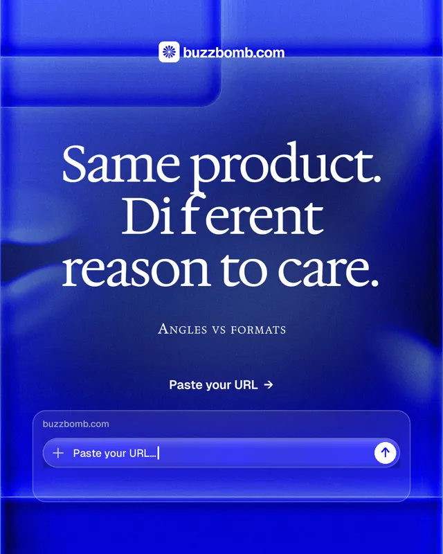 Instagram portrait post for BuzzBomb: "Same product. Different reason to care." Swiss style, smallcaps layout, dark palette in blue.