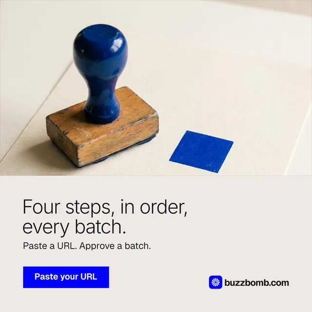 Instagram post for BuzzBomb: "Four steps, in order, every batch." Swiss style, bottom layout, light palette in orange, grey.