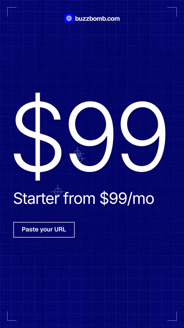 Instagram story for BuzzBomb: "One URL in. Premium ads out, in batches." Blueprint style, stat layout, dark palette in blue.