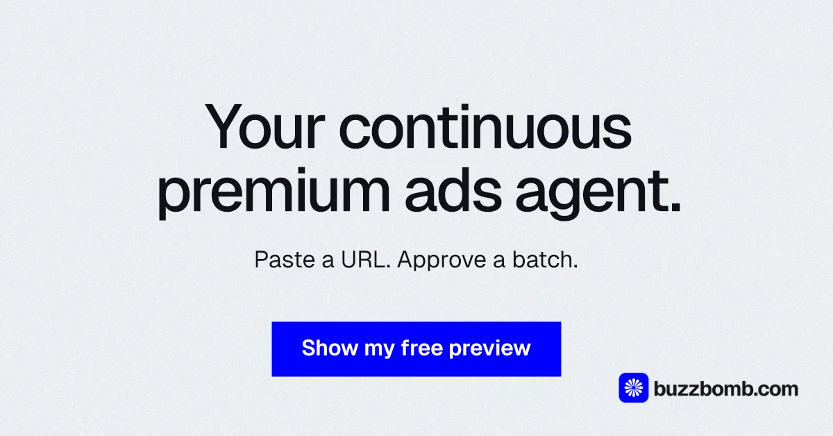 Social ad for BuzzBomb: "Your continuous premium ads agent." Swiss style, centred layout, light palette in white, blue.