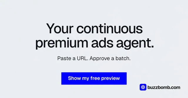 Social ad for BuzzBomb: "Your continuous premium ads agent." Swiss style, centred layout, light palette in white, blue.