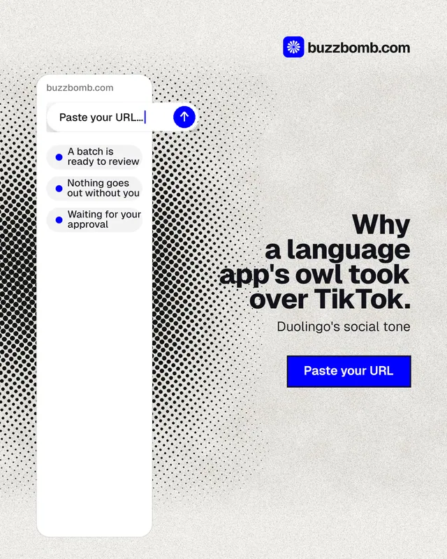 Instagram portrait post for BuzzBomb: "Why a language app's owl took over TikTok." Ink sticker style, right layout, light palette in white, grey.