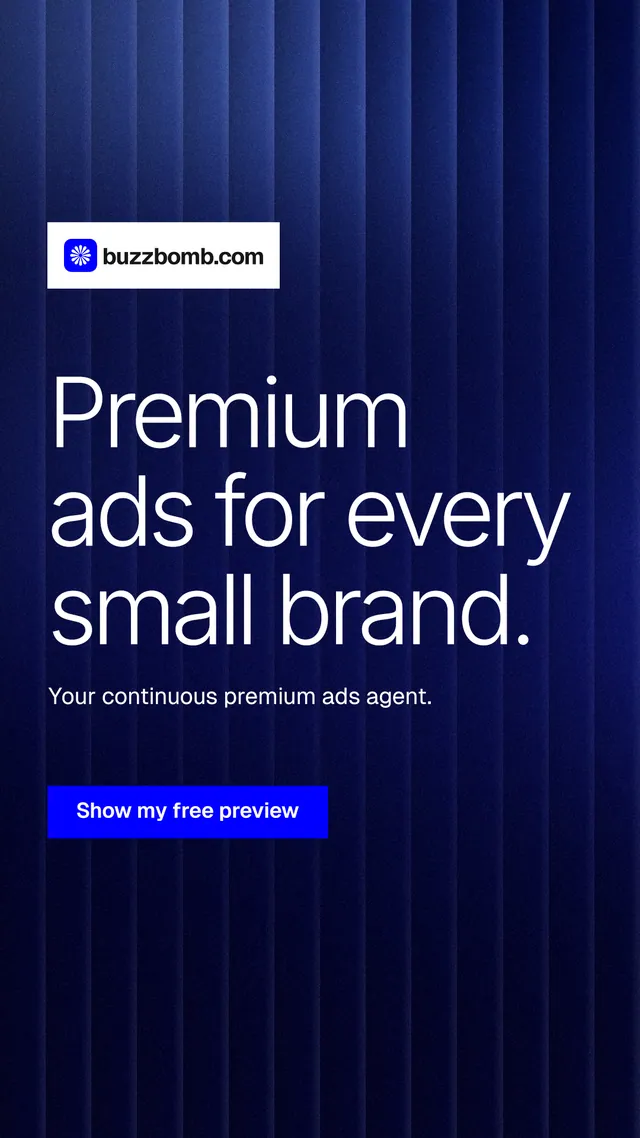 Instagram story for BuzzBomb: "Premium ads for every small brand." Swiss style, announce layout, dark palette in blue, black.