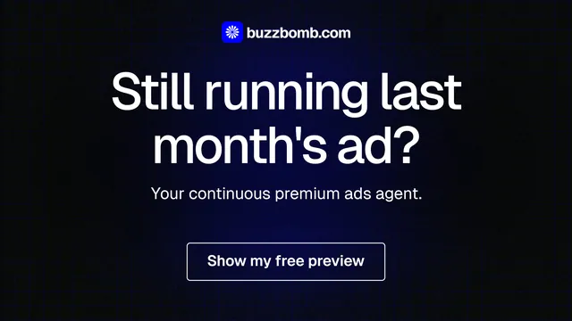 Landscape graphic for BuzzBomb: "Still running last month's ad?" Phosphor atlas style, centred layout, dark palette in black, grey.