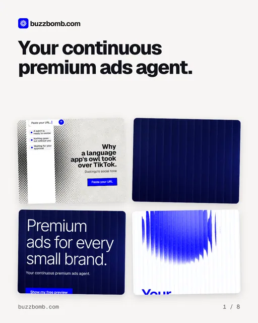 Carousel for BuzzBomb: "Your continuous premium ads agent.". Collection carousel, 8 slides, light palette.
