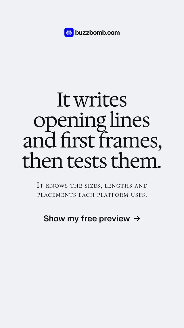 Instagram story for BuzzBomb: "It writes opening lines and first frames, then tests them." Swiss style, smallcaps layout, light palette in white, grey.
