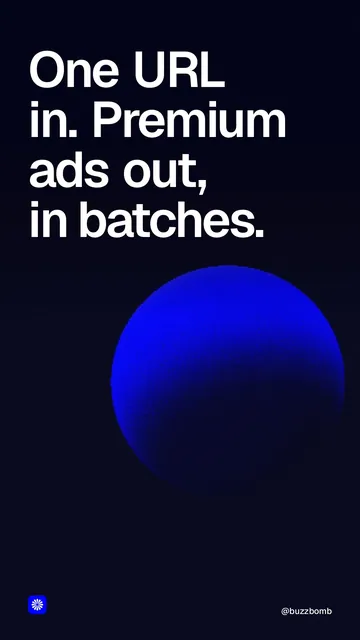 Video for BuzzBomb: "One URL in. Premium ads out, in batches.". Shader loop, 6.0 s, dark palette.