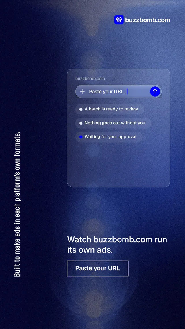 Instagram story for BuzzBomb: "Built to make ads in each platform's own formats." Dark deco style, vertical layout, dark palette in blue, black.