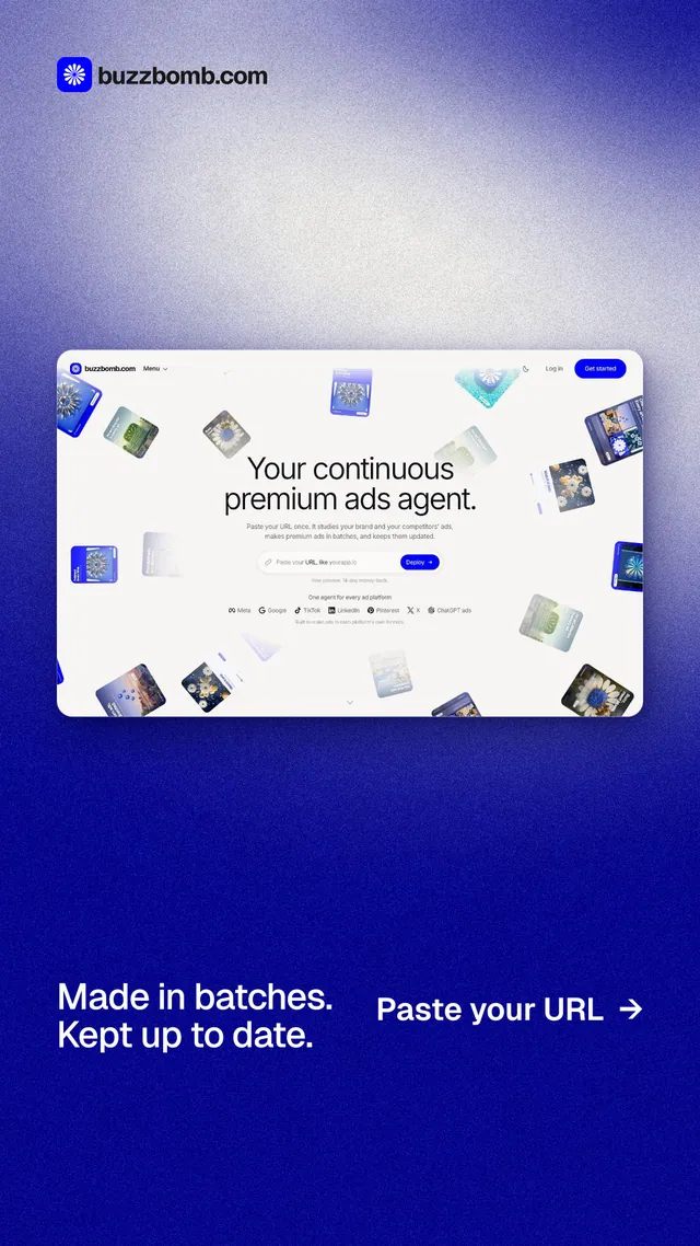 Instagram story for BuzzBomb: "Made in batches. Kept up to date." Cyanotype style, image led layout, light palette in blue, white.