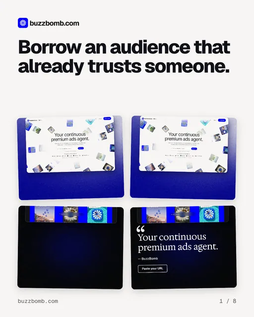 Carousel for BuzzBomb: "Borrow an audience that already trusts someone.". Collection carousel, 8 slides, light palette.