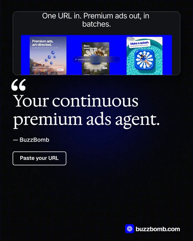 Instagram portrait post for BuzzBomb: "Your continuous premium ads agent." Phosphor atlas style, quote layout, dark palette in black, grey, blue.