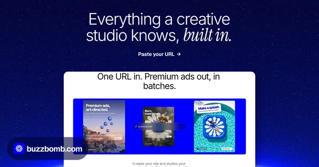 Social ad for BuzzBomb: "Everything a creative studio knows, built in." Swiss style, ogui layout, dark palette in blue, white.