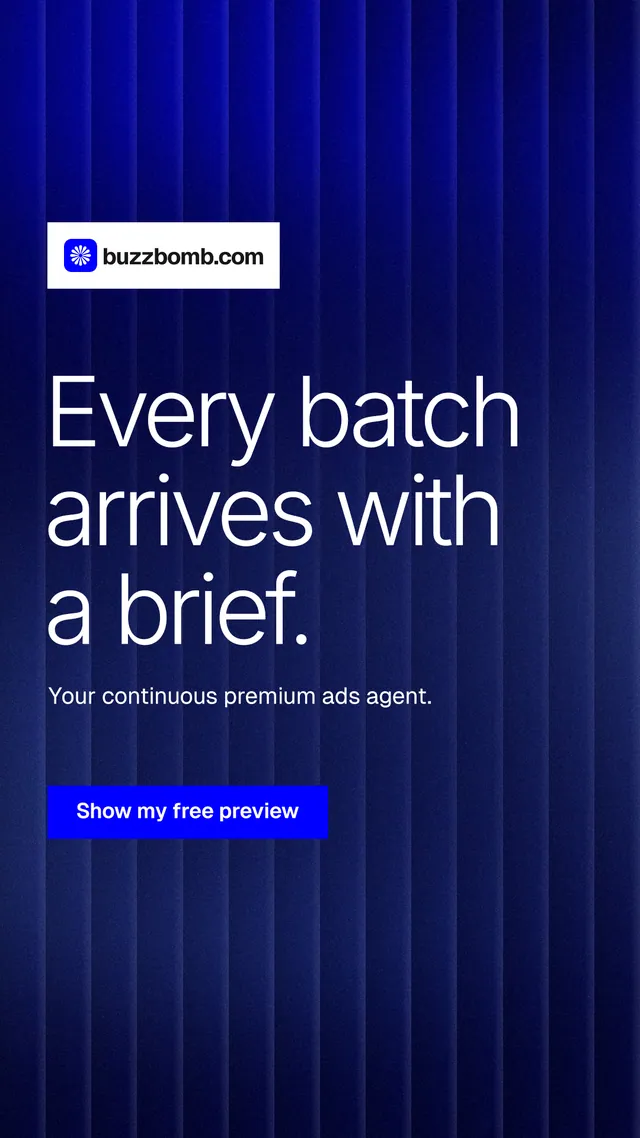 Instagram story for BuzzBomb: "Every batch arrives with a brief." Swiss style, announce layout, dark palette in blue.