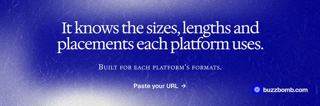 X header for BuzzBomb: "It knows the sizes, lengths and placements each platform uses." Cyanotype style, smallcaps layout, dark palette in blue.
