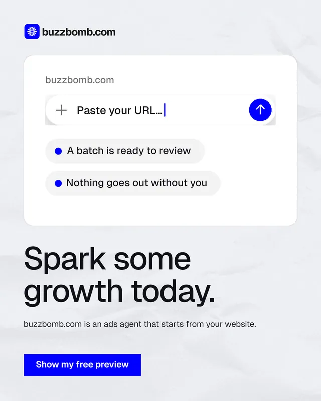 Instagram portrait post for BuzzBomb: "Spark some growth today." Swiss style, bottom layout, light palette in white, blue.