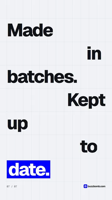 Video for BuzzBomb: "It writes opening lines and first frames, then tests them.". Kinetic type grid, 6.0 s, light palette.