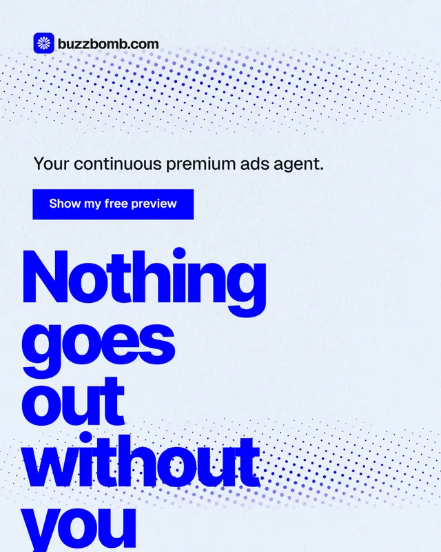 Instagram portrait post for BuzzBomb: "Nothing goes out without you". Swiss style, oversized layout, light palette in white, blue.