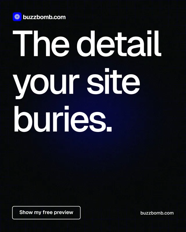 Instagram portrait post for BuzzBomb: "The detail your site buries." Phosphor atlas style, poster layout, dark palette in black, grey.