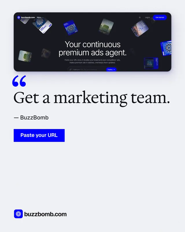 Instagram portrait post for BuzzBomb: "Get a marketing team." Swiss style, quote layout, light palette in white, grey.