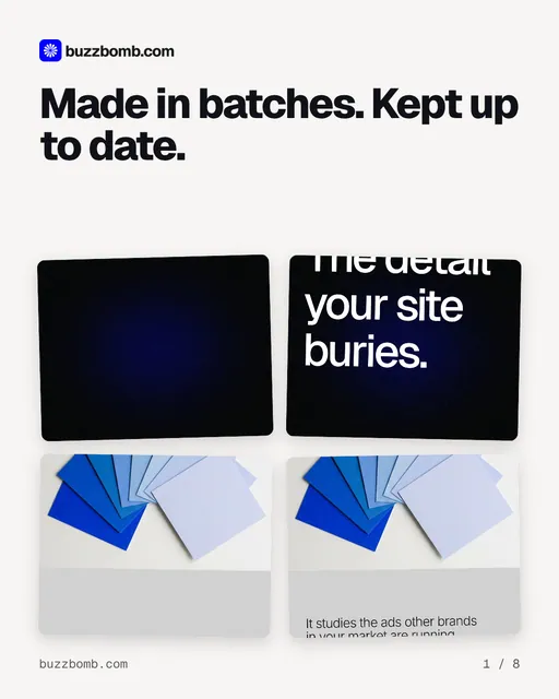 Carousel for BuzzBomb: "Made in batches. Kept up to date.". Collection carousel, 8 slides, light palette.