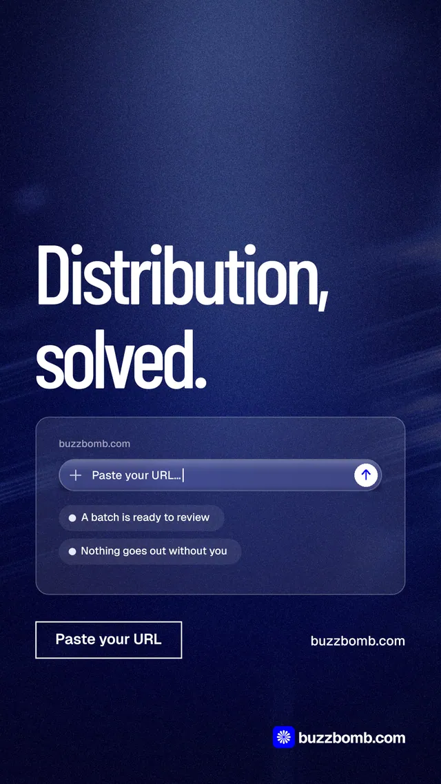 Instagram story for BuzzBomb: "Distribution, solved." Dark deco style, poster layout, dark palette in black, blue, grey.