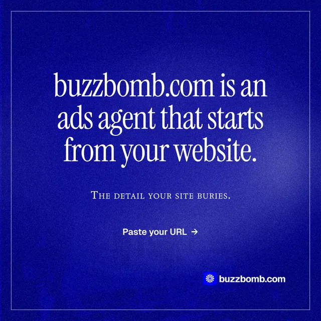 Instagram post for BuzzBomb: "buzzbomb.com is an ads agent that starts from your website." Editorial style, smallcaps layout, dark palette in blue.