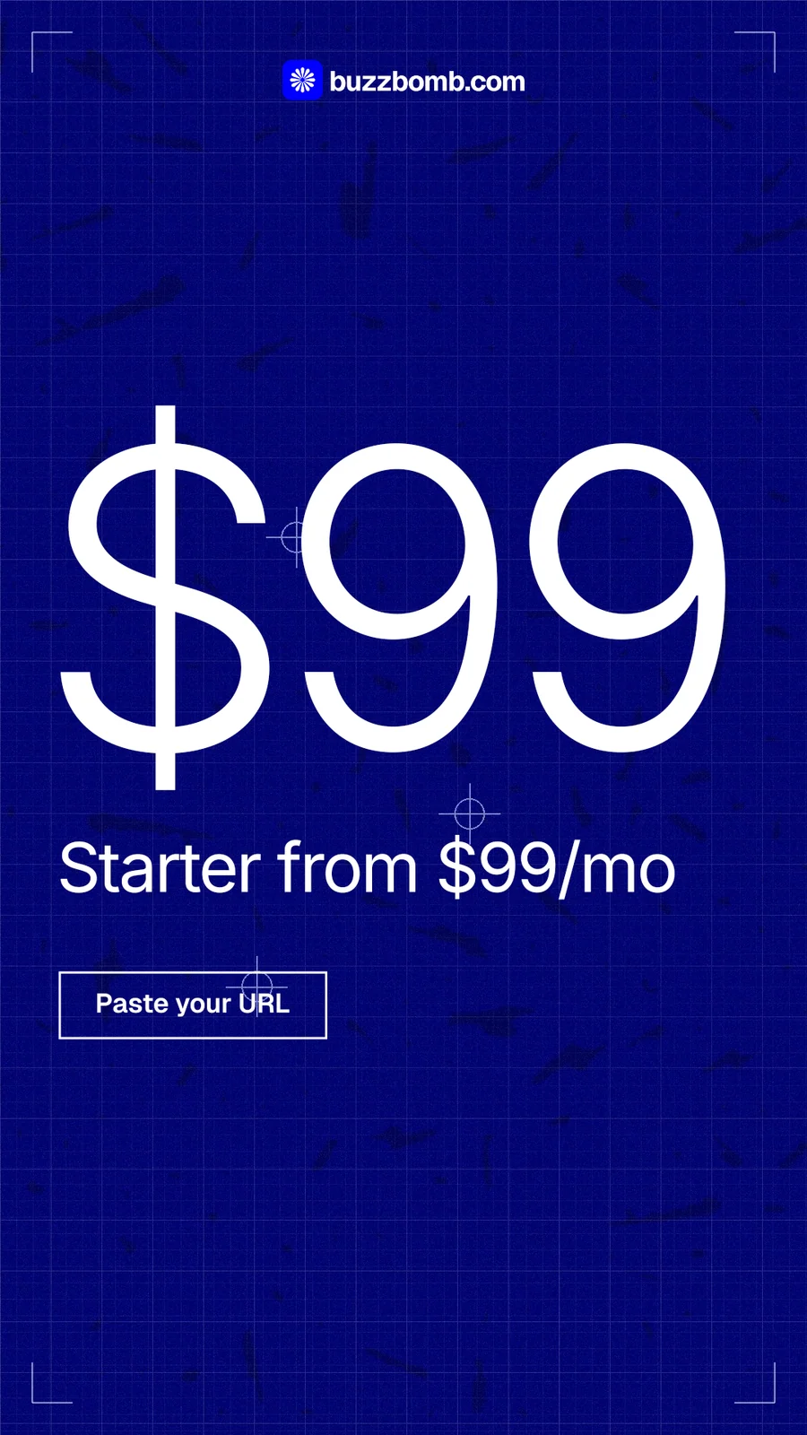 Instagram story for BuzzBomb: "Your continuous premium ads agent." Blueprint style, stat layout, dark palette in blue.
