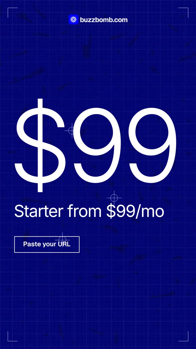 Instagram story for BuzzBomb: "Your continuous premium ads agent." Blueprint style, stat layout, dark palette in blue.