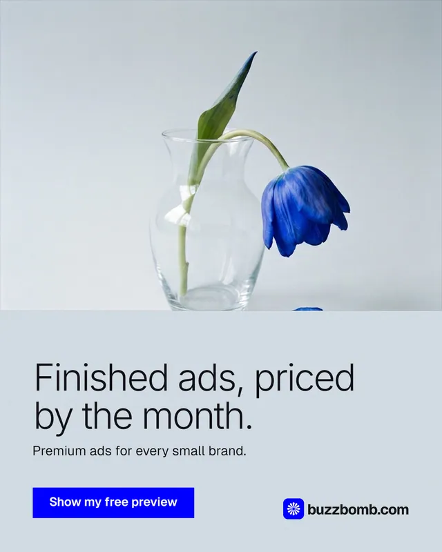 Instagram portrait post for BuzzBomb: "Finished ads, priced by the month." Swiss style, bottom layout, light palette in white, blue.
